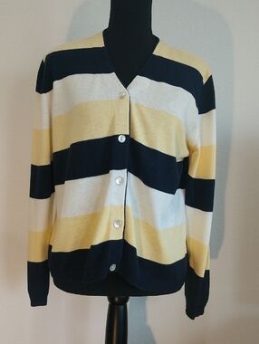 Christopher & Banks Striped V-Neck Cardigan in Navy, Yellow & White
